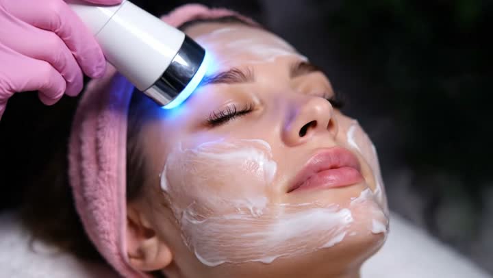 خبيرة تجميل تقوم بعمل جلسات العناية بالبشرة بواسطة جهاز ضوء ازرق ، سيدة سعودية تهتم بروتين التقشير والتفتيح والتدليك ، مراكز العناية بالبشرة النسائية ، امرأة عربية خليجية سعودية في صالون تجميلي نسائي بايماءات الاسترخاء، عيادة تجميلية نسائية ، مفهوم الأنوثة والنعومة