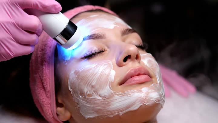 خبيرة تجميل تقوم بعمل جلسات العناية بالبشرة بواسطة جهاز ضوء ازرق ، سيدة سعودية تهتم بروتين التقشير والتفتيح والتدليك ، مراكز العناية بالبشرة النسائية ، امرأة عربية خليجية سعودية في صالون تجميلي نسائي بايماءات الاسترخاء، عيادة تجميلية نسائية ، مفهوم الأنوثة والنعومة