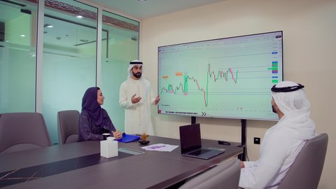 تطوير ودراسة وتحليل المشاريع الجديدة، دمج الأجهزة التقنية الحديثة بالأعمال المكتبية، تطوير المشاريع و الاستثمارات، إدارة و تقسيم المهام، شرح و تحليل الرسوم البيانية, فريق عمل عربي خليجي اماراتي يقوم بإجراء اجتماع عمل داخل غرفة الاجتماعات في مقر الشركة