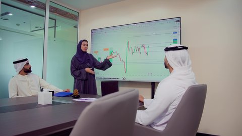 تبادل الحديث حول الصفقات، ايماءات الثقة بالنفس، دمج الأجهزة التقنية الحديثة بالأعمال المكتبية، تطوير المشاريع و الاستثمارات، إدارة و تقسيم المهام، شرح و تحليل الرسوم البيانية, فريق عمل عربي خليجي اماراتي يقوم بإجراء اجتماع عمل داخل غرفة الاجتماعات في مقر الشركة