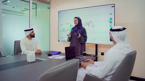 Admiration and approval of the presented ideas, integrating modern technological devices with office work, developing projects and investments, managing and dividing tasks, explaining and analyzing charts, a Gulf Arab Emirati team conducting a business meeting inside the conference room at the company's headquarters.
