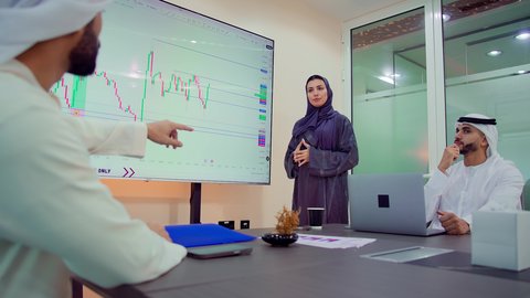 Explanation and analysis of charts, management and division of tasks, a Gulf Arab Emirati team conducting a business meeting inside the conference room at the company's headquarters, project and investment development, integrating modern technological devices into office work, delivering tasks and projects on time.