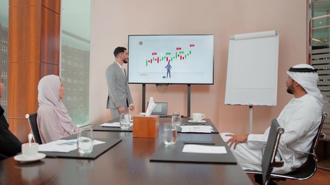 Following a flowchart, meeting colleagues at their workplace to analyze data on a laptop, the concept of economic growth and financial investment, achieving company goals, discussing and completing work via a display screen, studying new projects, using modern technology and techniques, reviewing work reports