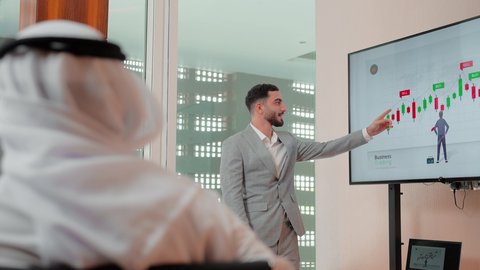 Colleagues meeting at their workplace to analyze data on a laptop, the concept of economic growth and financial investment, achieving company goals, discussing and completing work via a display screen, following a chart, studying new projects, using modern technology and techniques, and reviewing work reports.