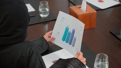 Studying new projects, the concept of economic growth and financial investment, an Arab Gulf Emirati woman analyzing data on a laptop, following a chart, using modern technology and techniques, reviewing work reports