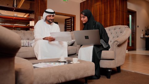 مفهوم النمو الاقتصادي والاستثمار المالي، زميلان عمل عربيان خليجيان اماراتيان يقومان بتحليل البيانات على الحاسوب المحمول، متابعة مخطط الرسم البياني، تدقيق وتحليل بيانات المشروع، دراسة مشاريع جديدة، مفهوم النمو الاقتصادي والاستثمار المالي