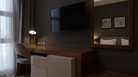 Furnished tourist housing units, a bedroom in a residential apartment with modern and attractive designs, wonderful decorations, upscale home furniture, beautiful and stunning designs, hotel, luxury hotels.