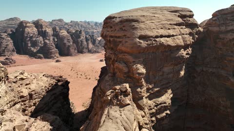 A global center for winter sports and adventures, drone photography of the towering mountains with rock formations in the Tabuk region, desert near Jeddah in Neom, northwest of the Kingdom of Saudi Arabia, a luxury mountain tourist destination.