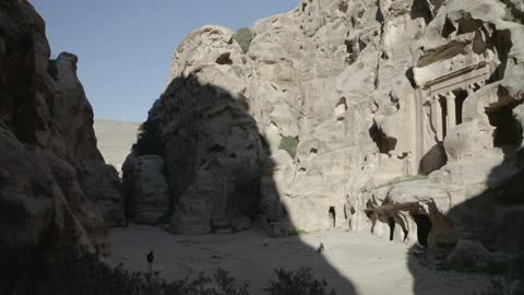 The peaks, highlands, and terrain in mountainous areas, aerial drone photography of the valleys and mountains in the northern region of the Kingdom of Saudi Arabia, rock formations.