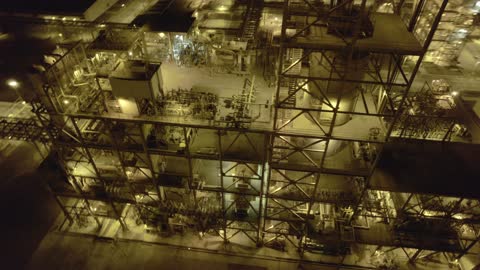 المشاريع البتروكيماوية المساهمة في نهضة الاقتصاد الوطني السعودي، المنشآت الصناعية الضخمة لانتاج البترول، مصفاة تكرير النفط والغاز,تصوير درون جوي لمصانع ومعامل النفط في المملكة العربية السعودية، مستودعات وخزانات كبيرة