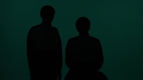 Hand gestures that indicate love and safety, a shadowy image of two Arab Gulf Saudi twin students, one of whom places his hand on his brother's shoulder, support between siblings.