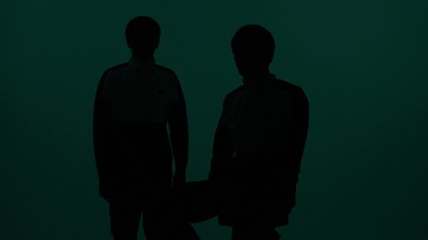 A shadow image of two Arab Gulf Saudi twin students, one of them placing his hand on his brother's shoulder, support between siblings, hand gestures indicating love and safety.