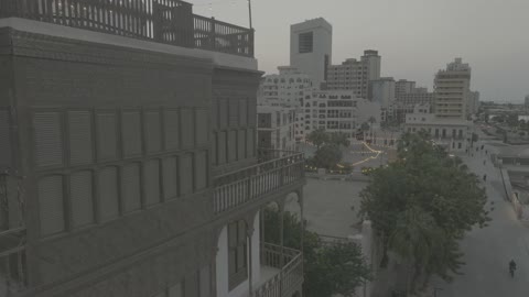 Historical houses and buildings, drone photography of the old town of historic Jeddah in the city of Jeddah, popular heritage tourist sites, ancient archaeological landmarks in Saudi Arabia.