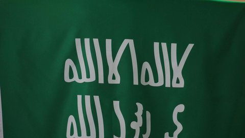 The anniversary of the establishment of the first Saudi state is February 22. A close-up portrait from the back of a Saudi Gulf Arab woman wearing a shayla and a green bisht, draping the founding flag over her shoulders. On the day we began, February 22, wearing the traditional attire of the central region for a national occasion, with a brown background.