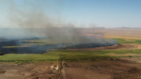 دخان الحريق والنار المتصاعدة من الاراضي الزراعية في منطقة تبوك، مكان ومنطقة سياحية طبيعية في المملكة العربية السعودية، اثار الاحتباس الحراري، احتراق المساحات الخضراء