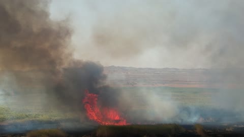 دخان الحريق والنار المتصاعدة من الاراضي الزراعية في منطقة تبوك، مكان ومنطقة سياحية طبيعية في المملكة العربية السعودية، اثار الاحتباس الحراري، احتراق المساحات الخضراء