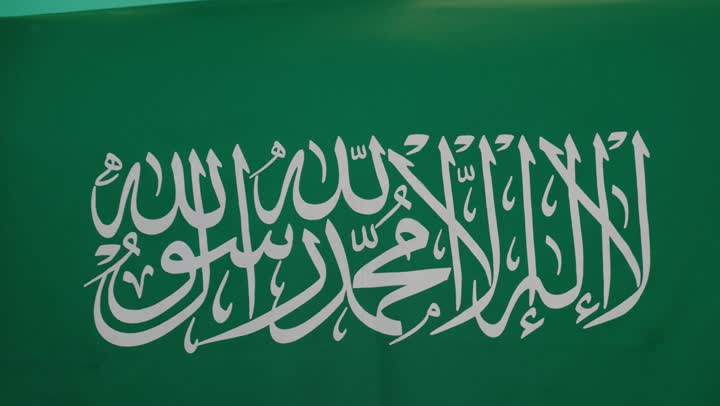 استذكار اليوم الوطني السعودي 23 سبتمبر، بورتريه من الخلف لشاب عربي خليجي سعودي يرتدي الثوب التقليدي والشماغ يحمل علم المملكة على ظهره، يوم العلم 11 مارس، الاحتفال بالأعياد والمناسبات الوطنية، خلفية خضراء