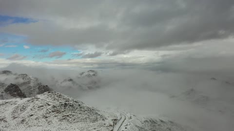 Winter atmosphere on the peaks and mountain heights, the snow-covered Al-Lawz mountain range in the Trojena area, sculpted mountains and geological formations in the city of Tabuk, cultural and tourist landmarks in the Kingdom of Saudi Arabia, aerial drone photography of rock formations in a village in Jeddah, Neom, in the west of the Kingdom of Saudi Arabia.