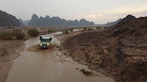 Natural landscapes of golden sands, floods and waterfalls, cold winter atmospheres, peaks and mountain heights, rock formations in the Jeddah area in the northwest of the Kingdom of Saudi Arabia, the NEOM tourism project, tourist attractions in the Kingdom of Saudi Arabia.