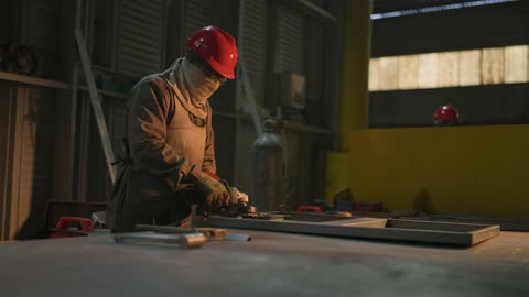 Preparation and delivery of iron with special welding equipment and tools, monitoring the workflow in the blacksmith workshops with skill and precision, wearing protective clothing to guard against flying sparks in the workshop, an Arab Gulf Saudi worker wearing a protective mask and gloves welding and melting metal, industrial jobs and professions for Saudi youth.