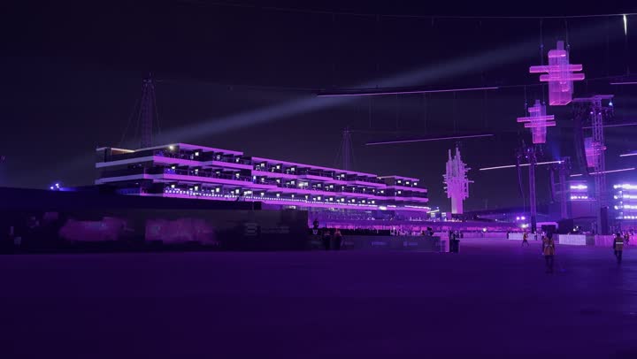 Night atmosphere in the outdoor activities area, Soundstorm Middle Beast Festival in the Binban area of Riyadh, December 13, 2025, in the Kingdom of Saudi Arabia, strong purple lighting extending over the open path, visitors wandering in a fun and entertaining atmosphere, a delightful family and youth experience as part of the Riyadh Season events.