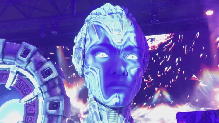 A modern global music festival on December 13, 2025, in the Kingdom of Saudi Arabia, featuring a display of a glowing robot in the celebration area of Middle Beast in Banban, Riyadh, providing entertainment and amusement for the Saudi people during the Riyadh season.