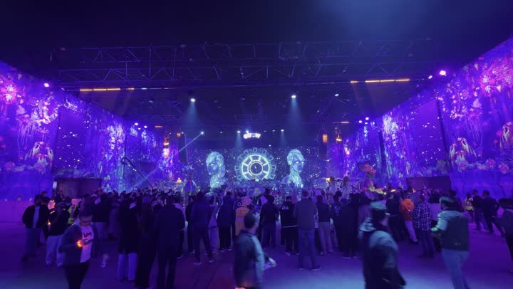 Illuminated robot sculptures, attracting and entertaining visitors, and illuminated digital screens at the Soundstorm Middle Beast Festival in Banban, Riyadh, Saudi Arabia, December 13 2025  a family and youth experience as part of Riyadh Season event