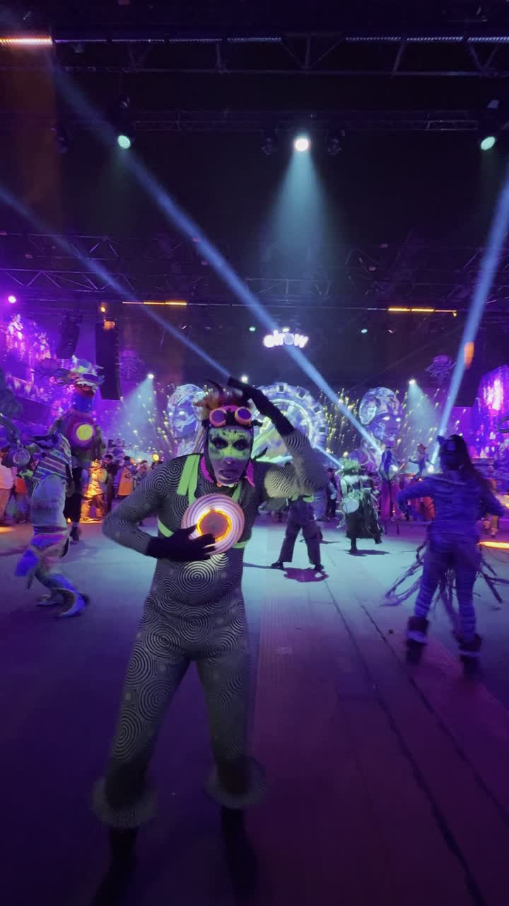 Illuminated characters in a theatrical performance on the platform of the Soundstorm Middle Beast Festival in Banban, Riyadh, providing entertainment and amusement for the Saudi people during the Riyadh Season, a modern global music festival on December 13, 2025, in the Kingdom of Saudi Arabia.