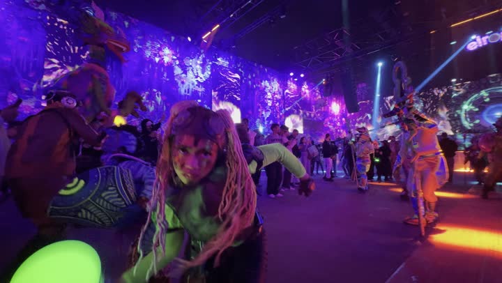 Illuminated characters in a theatrical performance on the stage of the Soundstorm Middle Beast Festival in the Banban area of Riyadh, December 13, 2025, in the Kingdom of Saudi Arabia, a global celebration of music and art in a close-up shot of the music performance stage, an event of the Riyadh Season, a modern artistic musical entertainment experience.