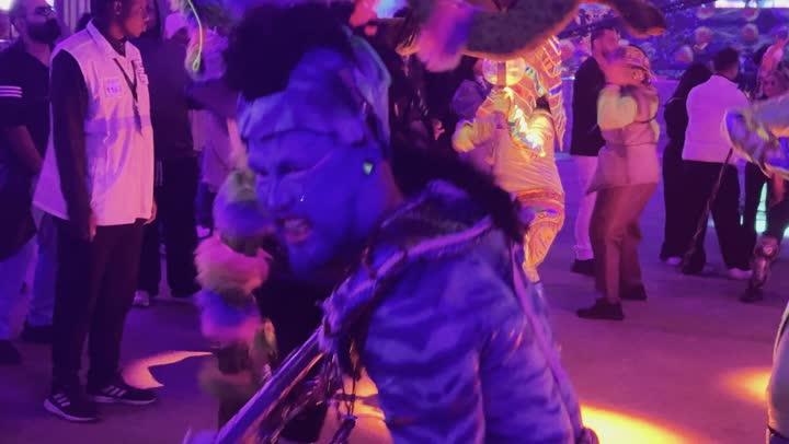 A global festival and celebration of music and art in a close-up shot of the music performance stage, the Riyadh Season event is a modern artistic musical entertainment experience, featuring shining personalities in a theatrical performance on the stage of the Soundstorm Middle Beast festival in the Banban area of Riyadh, December 13, 2025, in the Kingdom of Saudi Arabia.