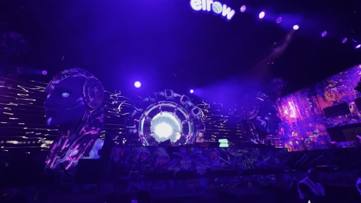 A close-up shot of a glowing robot head sculpture in the Midl Beast celebration area in Banban, Riyadh city, during a modern global music festival on December 13, 2025, in the Kingdom of Saudi Arabia, providing entertainment and amusement for the Saudi people during the Riyadh season.