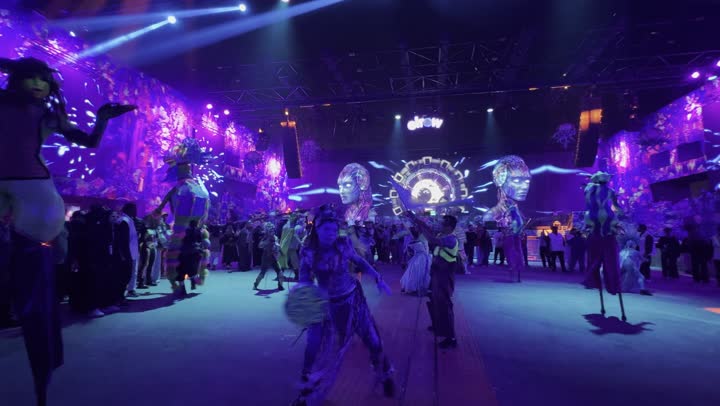 The Riyadh Season event is a modern artistic musical experience, an artistic performance show, featuring illuminated characters in a theatrical presentation on the stage of the Soundstorm Middle Beast Festival in the Banban area of Riyadh, on December 13, 2025, in the Kingdom of Saudi Arabia, a global celebration of music and art in a close-up portrayal of the music performance stage.