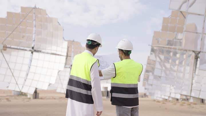 تصوير من الخلف لمهندسان عربيان خليجيان سعوديان يحملان مخطط هندسى و يشرفان على محطات الطاقة الشمسية ، إرتداء خوذة وسترة الحماية ، الإشراف على العمل، أنظمة الطاقة الشمسية، تبادل الخبرة و الرأى بين الزملا