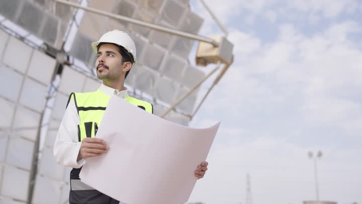 الإشراف على سير العمل, الرقابة على المشروع الهندسي, مهندس عربى خليجى سعودى يمسك مخطط و تصميم هندسى , إرتداء خوذة وسترة الحماية, مهن ووظائف سعودية، محطات الطاقة الشمسية