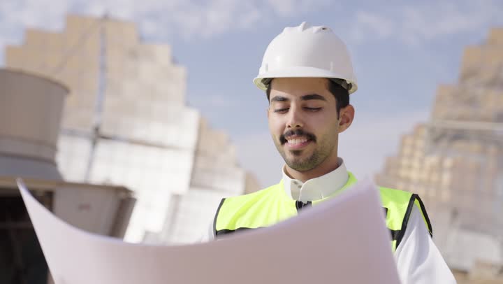 Supervising the implementation of the project and the architectural engineering plan, a Saudi Gulf Arab engineer holding a blueprint and engineering design, wearing a helmet and safety vest, professions and jobs in Saudi Arabia, solar power stations.