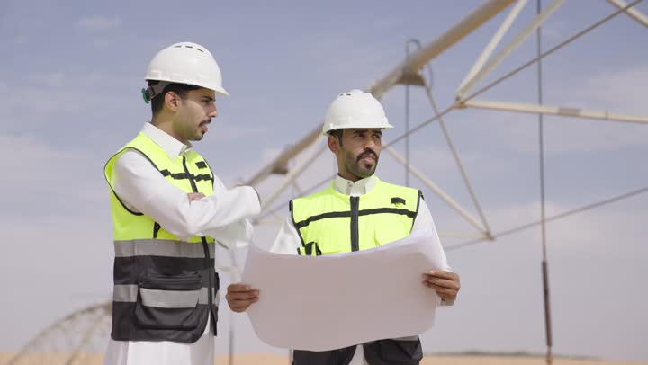 تنسيق ومناقشة سير العمل، ارتداء خوذة الحمايه في المصنع، تصويرلمهندسان عربيان سعوديان خليجيان يرتديان الثوب يقومان بدراسة المخطط والمشروع على ارض الواقع,  مراقبة ومتابعة عمليات البناء