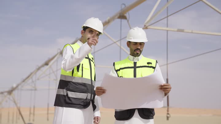 A photo of two Arab Saudi Gulf engineers wearing safety vests studying the plan and project on-site, monitoring and following up on construction operations, coordinating and discussing the workflow, wearing safety helmets on site.