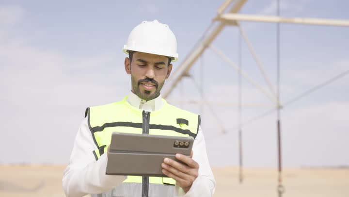 The use of advanced modern technology in the field of engineering, working in the Saudi engineering sector, the concept of project management in engineering and construction, an Arab Gulf Saudi engineer wearing traditional attire and a jacket and safety helmet working on a tablet at the site.
