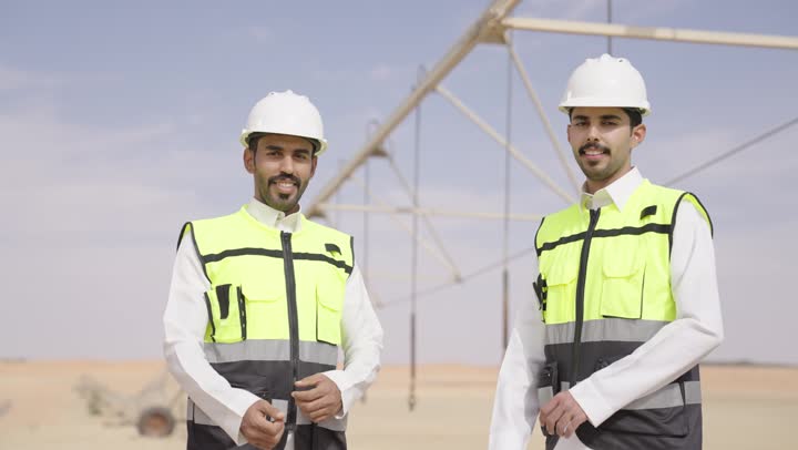 الوقوف بأيدى متقاطعة, دعم وتنمية القطاع الهندسي, مفهوم الهندسة و الإنشاءات, التدقيق والإشراف على الأعمال, مهندسان عربيان خليجيان سعوديان مبتسمان يرتديان ستره الحماية و الخوذة يقوم بمتابعة سير أعمال المصنع ينظران الى الكاميرا