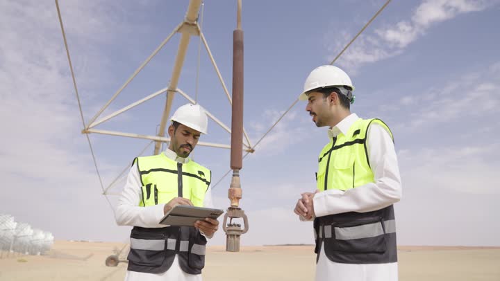 دعم وتنمية القطاع الهندسي, مفهوم الهندسة و الإنشاءات, التدقيق والإشراف على الأعمال, مهندس عربي خليجي سعودي يرتدي ستره الحماية و الخوذة يقوم بمتابعة سير أعمال المصنع ياستخدام التابلت برفقة زميله