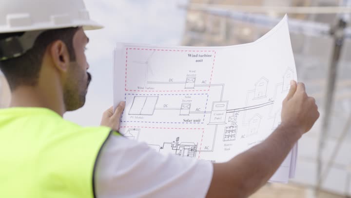A rear view of a Saudi Gulf Arab engineer wearing a safety vest and helmet holding a project plan in his hand, monitoring construction operations, the concept of engineering and construction project management, working in the engineering sector.