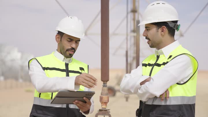 تسهيل القيام بمهام العمل اليومية عبرالتابلت، مهن ووظائف شبابيه، مهندس عربي خليجي سعودي يرتدي ستره الحماية و الخوذة يقوم بمتابعة سير أعمال المصنع برفقة زميله
