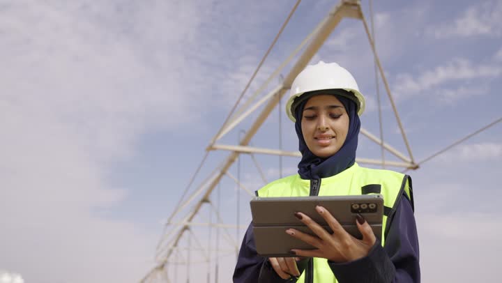 تدوين و تسجيل الملاحظات، استخدام التقنية الحديثة، التأكد من سير الأعمال بالشكل المطلوب والصحيح، كتابة آخر المستجدات حول المشروع، مهندسة عربية خليجية سعودية ترتدي الحجاب والخوذة وسترة الحماية تقوم باستخدام الجهاز اللوحي