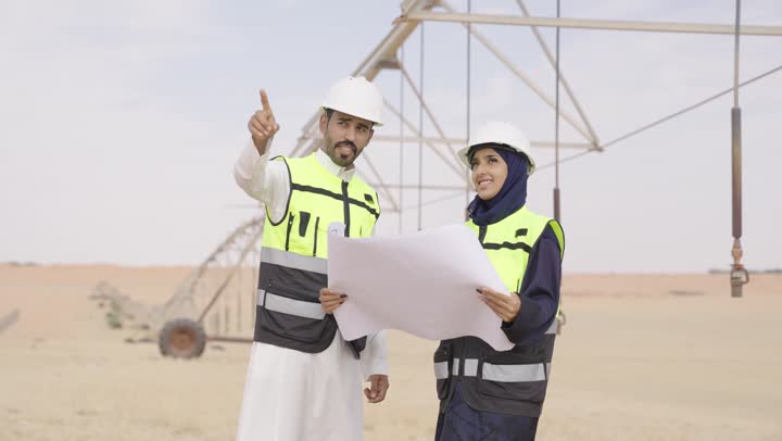 دراسة أساسيات المخطط الإنشائي، مفهوم الهندسة والانشاءات المعمارية، مهندس عربي خليجي سعودى يرتدى سترة وخوذة الحماية يتناقش مع زميلته حول المشروع في موقع البناء، مراقبة ومتابعة عمليات البناء