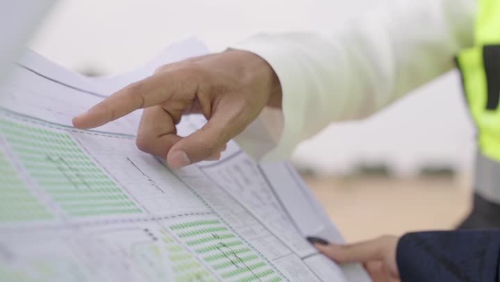 A close-up shot of the hand of a Saudi Arabian Gulf engineer wearing a vest and safety helmet, holding the engineering plan and discussing the project with his colleague at the construction site, the concept of engineering project management, an engineering profession and job, monitoring and following up on construction operations.