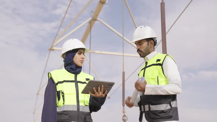 متابعة خطط ومهام العمل باستخدام التابلت، القطاع الهندسي في المملكة العربية السعودية، دراسة المخطط على ارض الواقع مهندس عربي خليجي سعودى يرتدى سترة وخوذة الحماية يتناقش مع زميلته المهندسة حول المشروع في موقع البناء