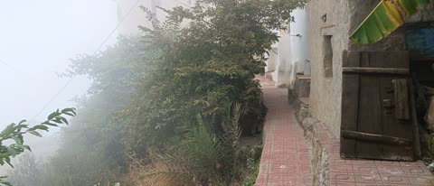A close-up shot at the top of the mountain of a house in the province of Faifa in the city of Jazan, southern Saudi Arabia, with green trees and plants on the slopes of the mountains, houses and residential buildings on the peaks and highlands, nature background.