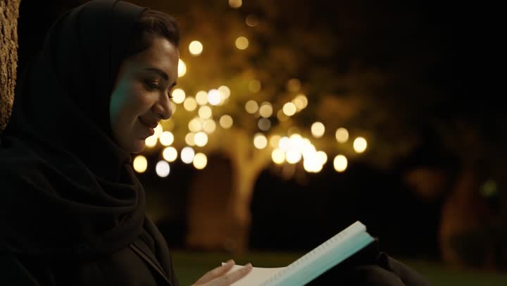 تمضية أوقات الفراغ بالتعلم والتثقف الذاتي، امراة عربيه خليجيه سعودية محجبة ترتدي العباءة تقوم بقراءة كتاب في الهواء الطلق , الجلوس على الأرض في إحدى الحدائق العامه