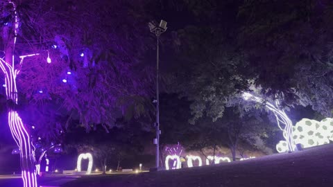 The garden walkway illuminated with heart arches at the events of the Wonders Hills Festival 2025 in Jubail Industrial City in the Eastern Province, innovative interactive shows for families and visitors, various recreational and educational activities, a tourist destination for families and visitors.