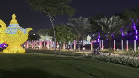 The illuminated park walkway at the 2025 Wonder Hills Festival in Jubail Industrial City in the Eastern Province features innovative interactive shows for families and visitors, a variety of recreational and educational activities, and a tourist destination for families and visitors.